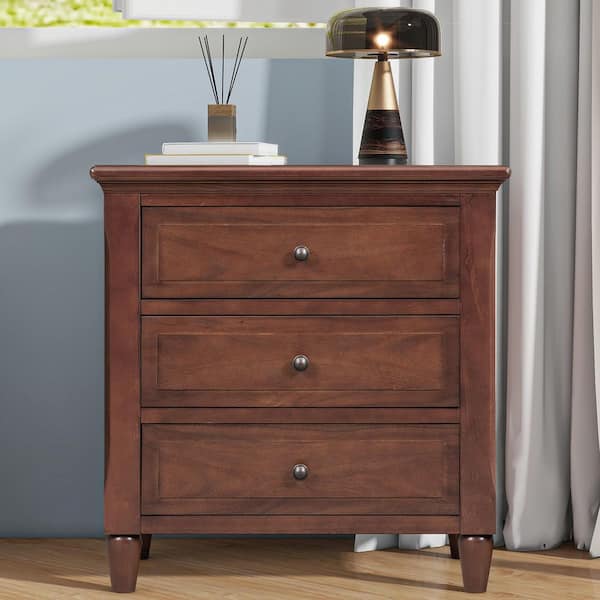 Torvallis Modern Brown 3-Drawers Bedside Cabinet Nightstand with Solid Wood Legs