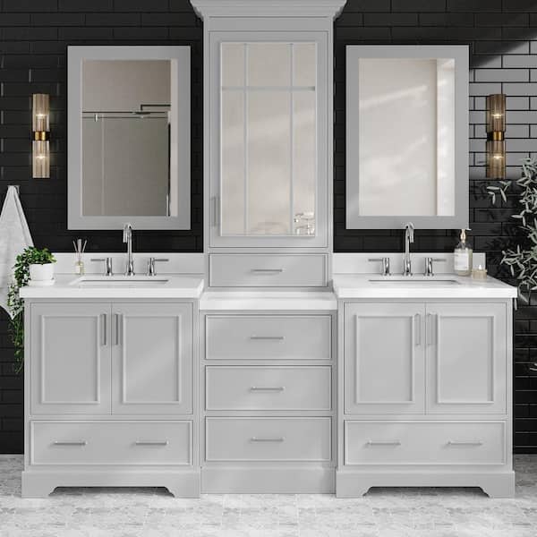 ARIEL Stafford 85 in. W x 22 in. D x 89 in. H Double Bath Vanity in Grey with Carrara Marble Tops and Mirrors