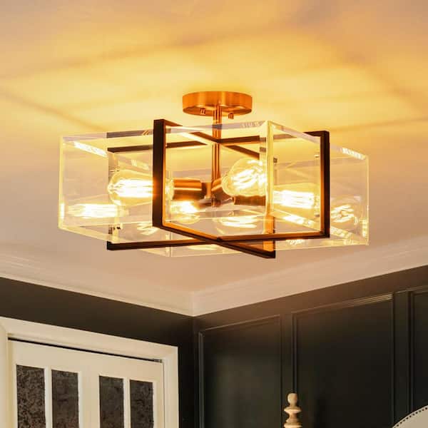 Y'INSP 16.54 in. 4-Light Matte Black Industrial Farmhouse Square Semi-Flush Mount Ceiling Light Fixture With Clear Glass Shade