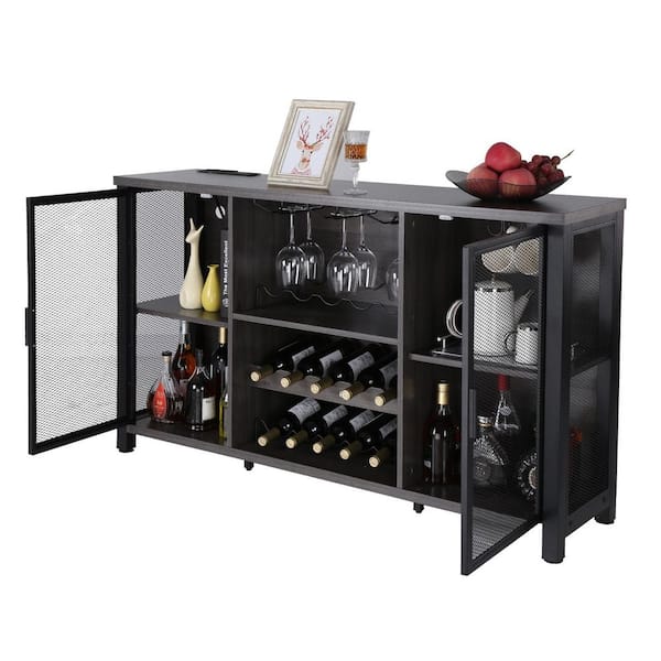 47 in. MDF Industrial Bar Cabinet, Wine Table for Liquor and Glasses, Buffet, Farmhouse Wood Coffee Bar for Kitchen