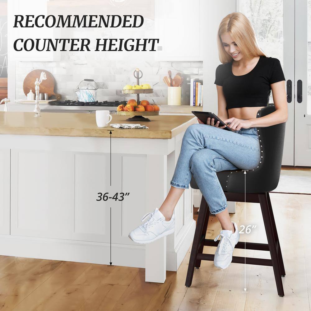 Black Faux Leather Swivel Counter Stools with Wood Frame, Set of 3