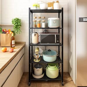 CozyBlock 5-Tier Foldable Storage Shelves with Wheels,Black Metal Wire Rack, Easy Moving Shelving Unit,Storage Organizer