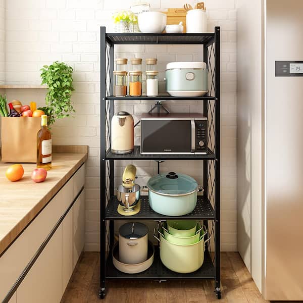 5 Tier Foldable Storage Shelves, Wire Kitchen Shelves On Wheels