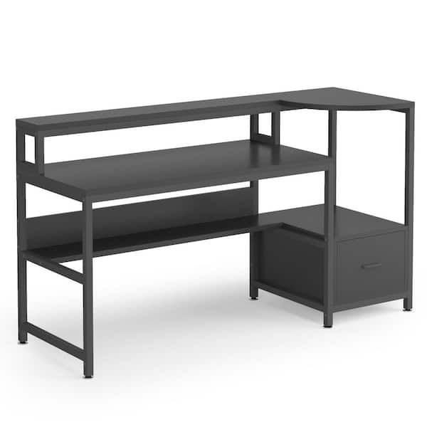BYBLIGHT Havrvin 63 in. Retangular Black Wood 1-Drawer Computer Desk with Hutch and Storage Shelves, Industrial Home Office Desk