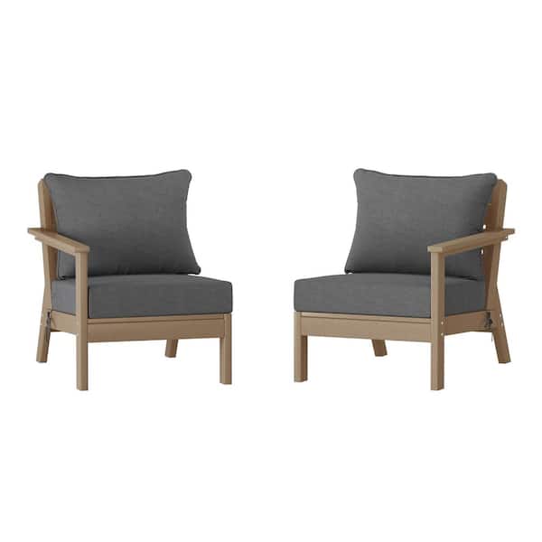 Birchwood Weathered Wood Arrangeable Outdoor Patio 2-Piece Deep Seating HDPE Loveseat Arm Chair Set with Gray Cushions