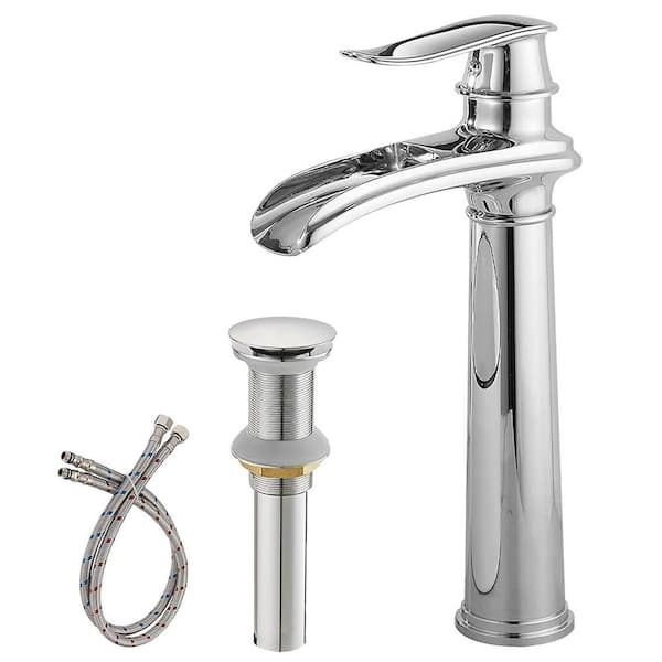 Waterfall Single Hole Single Handle Bathroom Vessel Sink Faucet with Drain Assembly in Polished Chrome