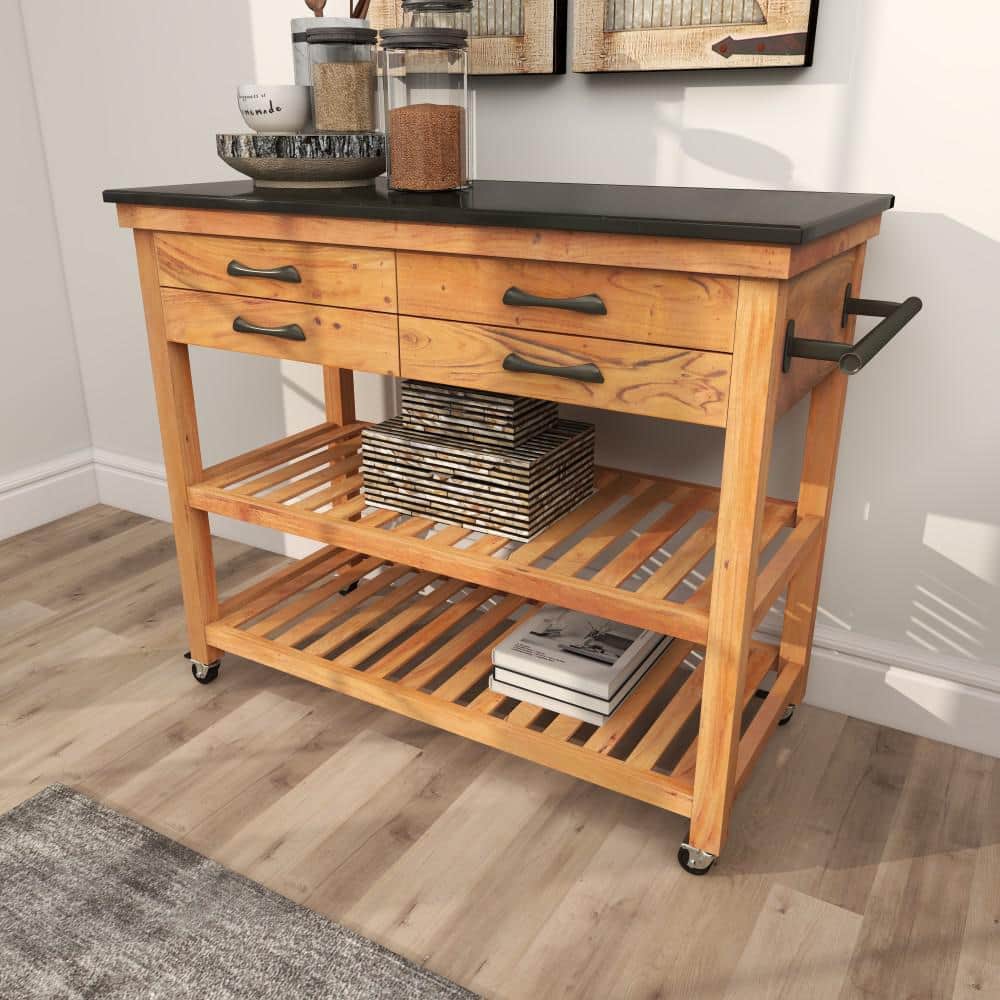 Brown Wood Kitchen Cart with Marble Top and Storage