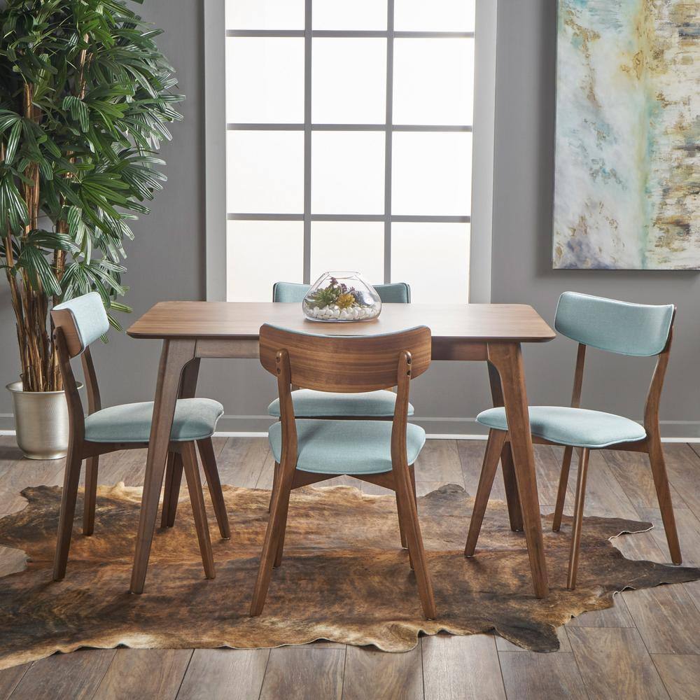 5-Piece Natural Walnut Mid-Century Dining Set with Mint Chairs