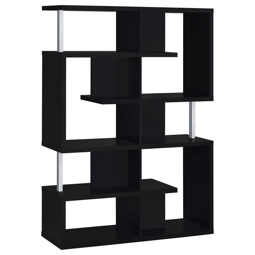 Black Wood Ladder Bookcase with Cubes, 63.25" Tall