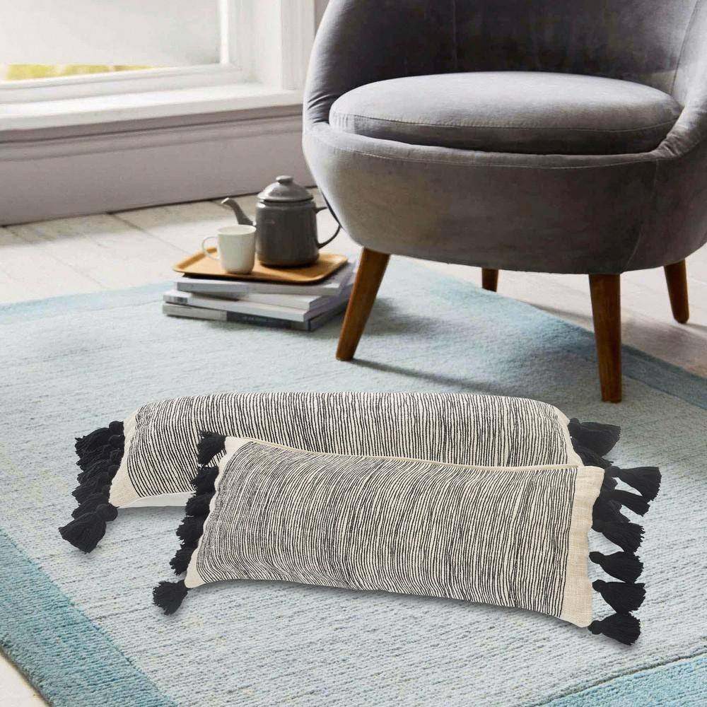 Distressed Gray and Black Rectangular Fringe Pillow