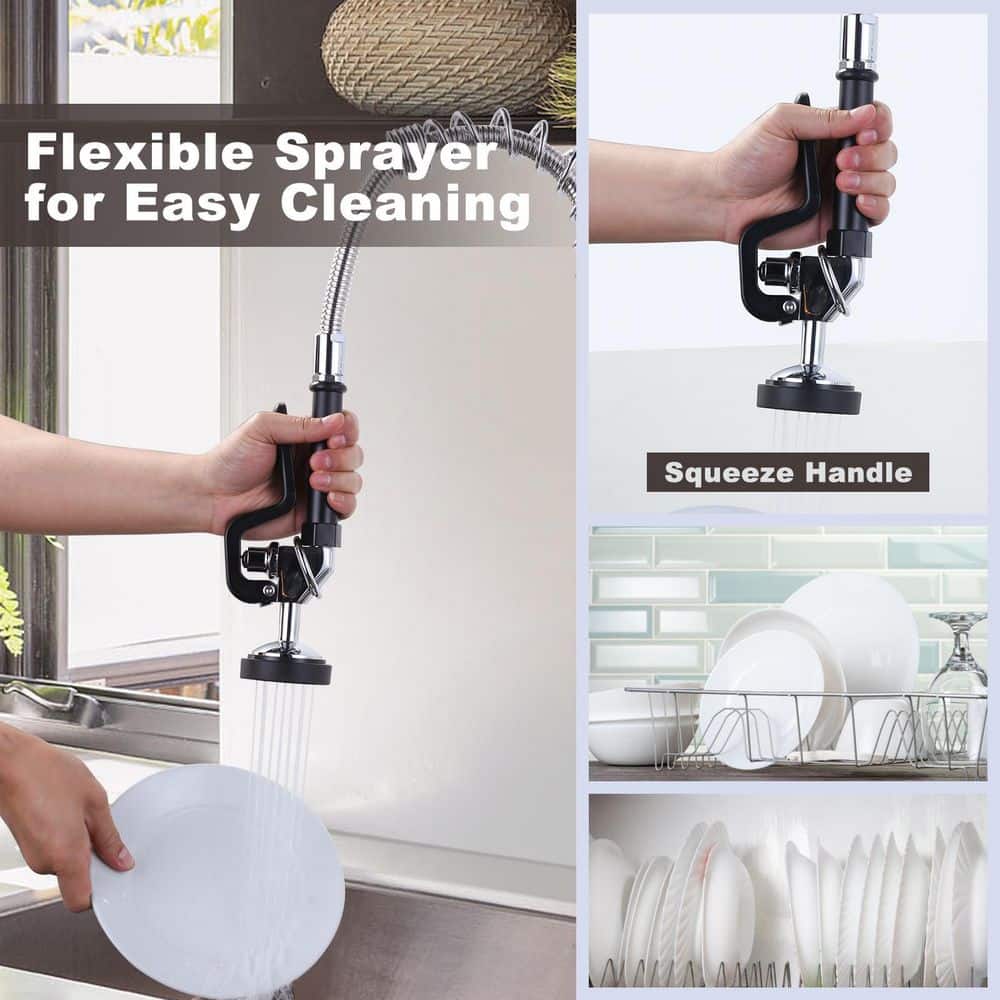 25-Inch Chrome Wall Mount Triple Handle Commercial Kitchen Faucet with Pull-Out Spray