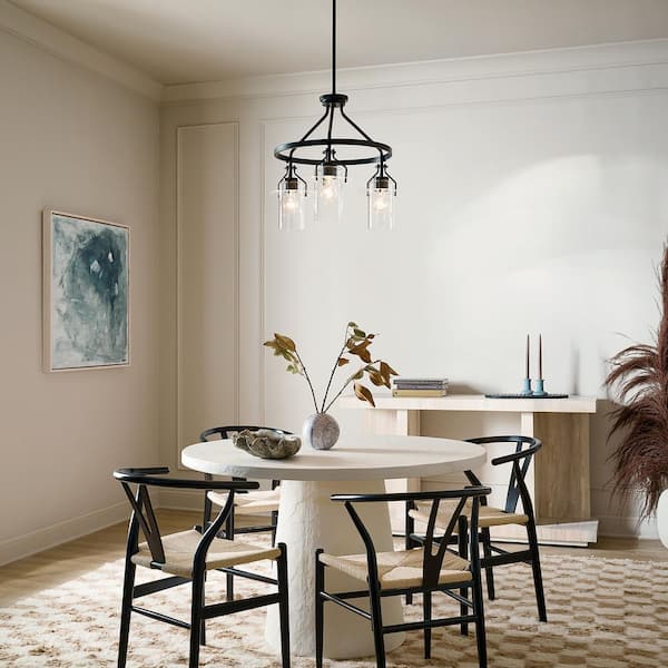 KICHLER Everett 22.75 in. 3-Light Black Vintage Industrial Shaded Circle Chandelier for Dining Room