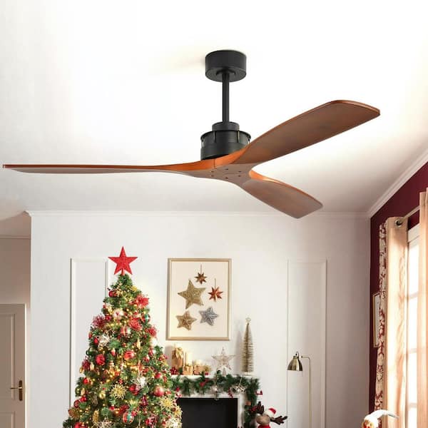 60 in. Indoor/Outdoor Solid Wood Standard Downrod Mount Black Ceiling Fan with Remote Control for Large Room