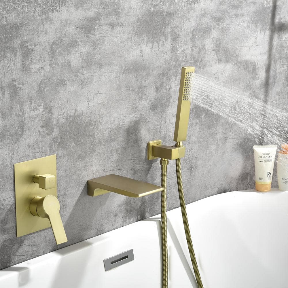 Brushed Gold Wall Mount Roman Tub Faucet with Hand Shower