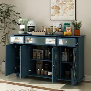 Blue Wood 55.1 in. W 4-Doors Mirrored Buffet Cabinet Sideboard With 3 Mirror Drawers and Adjustable Shelves for Kitchen