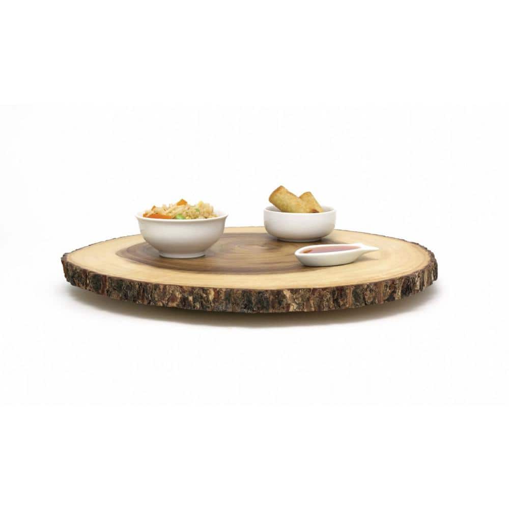 Large Rustic Acacia Wood Lazy Susan with Bark Rim