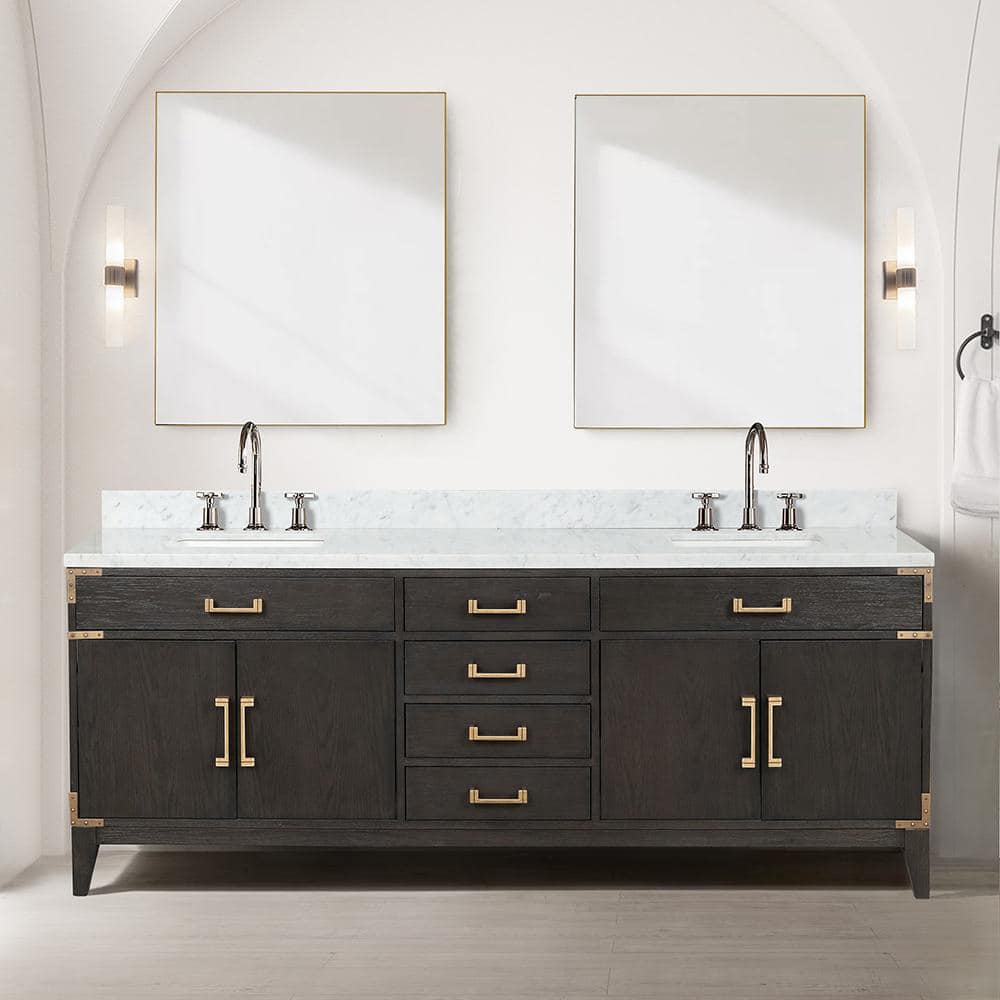 Lexora Fossa 84 in W x 22 in D Brown Oak Double Bath Vanity, Carrara ...