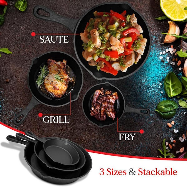 NutriChef 6 in., 8 in., 10 in. Kitchen Skillet Pans Pre-Seasoned Cast Iron  Skillet Cooking Pan Set with Scraper NCCI76 - The Home Depot