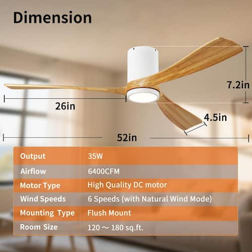 52 in. Indoor White Low Profile Ceiling Fan with Solid Wood Blades and Full Spectrum Light and Reversible DC Motor Ceiling Fans