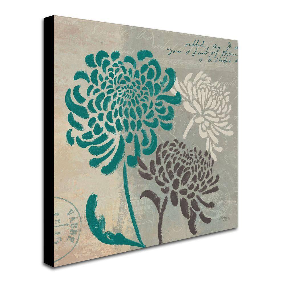 14" x 14" Teal and Gray Chrysanthemums Canvas Painting