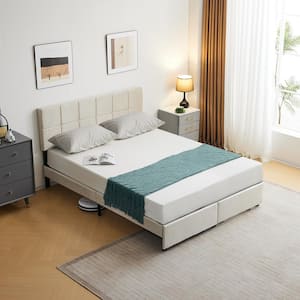 White Iron Frame Queen Platform Bed with Fabric Headboard, Storage