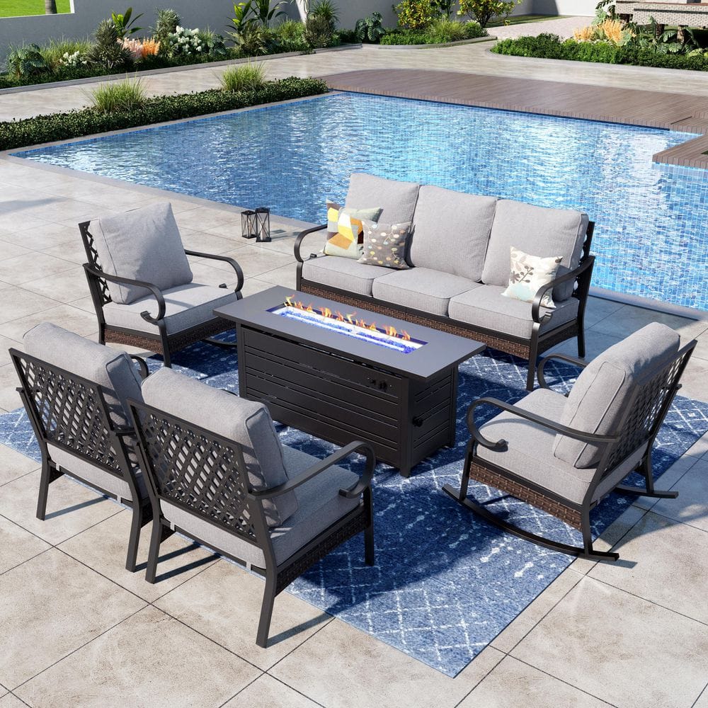 6-Piece Black Metal 7-Seats Fire Pit Patio Sets with Rocking Chairs, 50000 BTU Fire Pit Table and Light Gray Cushions price history on PriceWatchPro