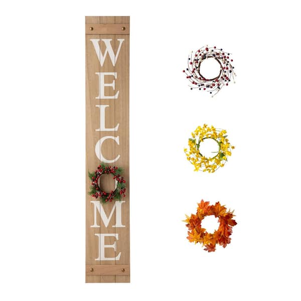 Glitzhome 60 in. H Wooden Welcome Porch Sign with 4 Changable Wreathes (Spring/Patriotic/Fall/Christmas)