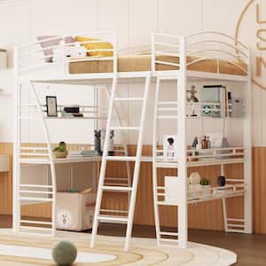 White Full Size Metal Loft Bed with 4-Tier Shelves, Wood L-Shaped Desk, Sockets, USB Ports and Wireless Charging
