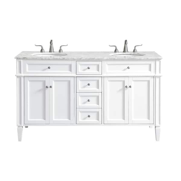 Unbranded Simply Living 60 in. W x 21.5 in. D x 35 in. H Bath Vanity in White with Carrara White Marble Top