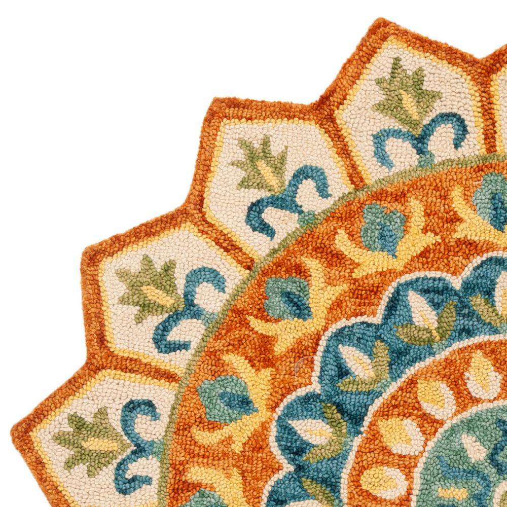 Handmade Tufted Round Rust/Ivory Floral Wool Rug, 6' x 6'