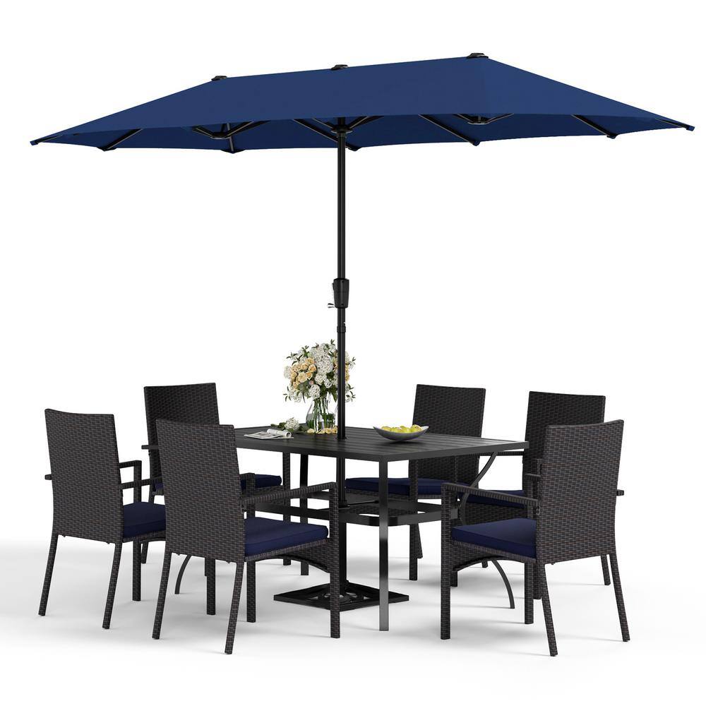 Black 8-Piece Metal Patio Outdoor Dining Set with Rectangle Slat Table, Umbrella and Rattan Chair with Blue Cushion