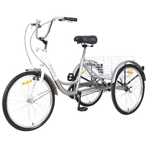 26 in. Wheels Cruiser Bicycles Adult Tricycle Trikes 3-Wheel Bikes with Large Shopping Basket Single Speed in Silver