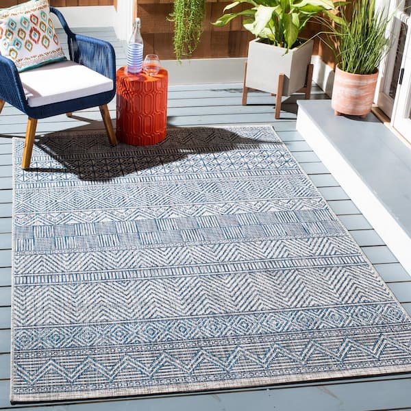 Courtyard  Gray/Navy 8 ft. x 10 ft.Striped Tribal Chevron Indoor/Outdoor Area Rug