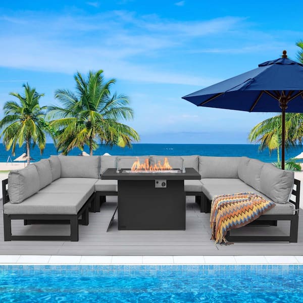 Unbranded Extra Large Gray 9-Piece Aluminum Patio Fire Pit Conversation Set Deep Seating Sectional Sofa with Light Gray Cushions