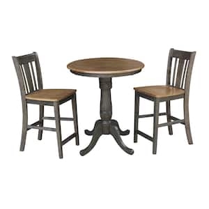 Hampton 3-Piece 30 in. Hickory/Coal Round Solid Wood Counter Height Dining Set with San Remo Stools