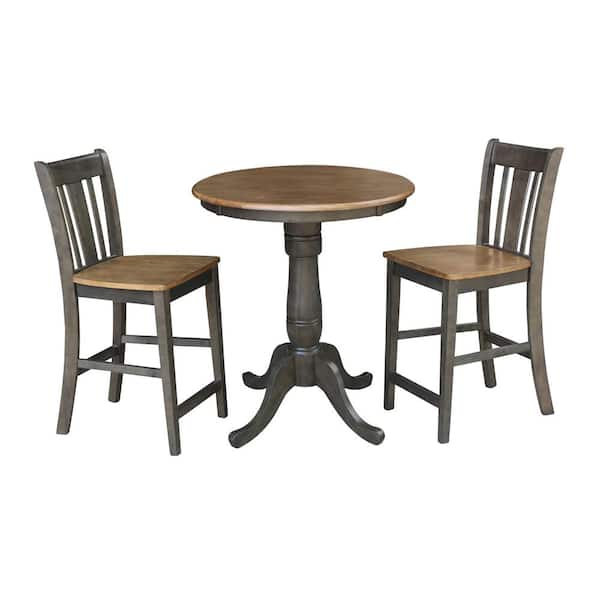International Concepts Hampton 3-Piece 30 in. Hickory/Coal Round Solid Wood Counter Height Dining Set with San Remo Stools