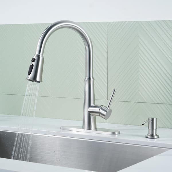 Stainless Steel Single Handle Pull Down Sprayer Kitchen Faucet with 3-Mode Spray, Soap Dispenser in Brushed Nickel