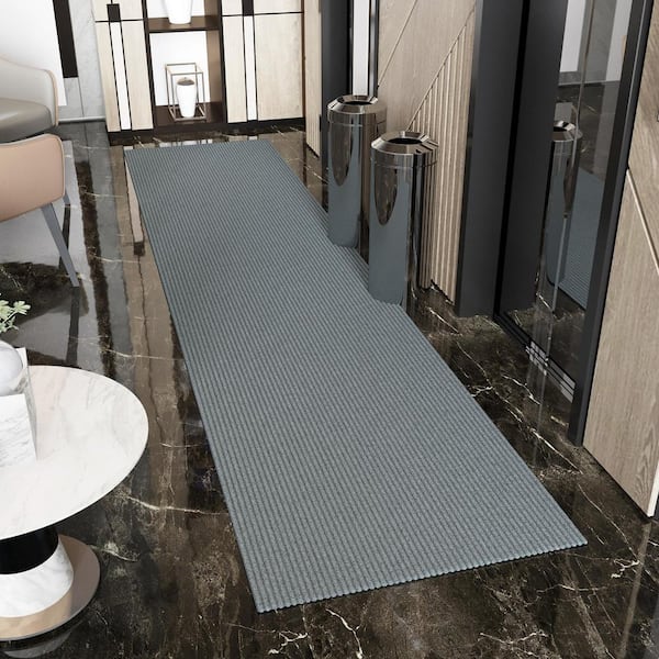 Ribbed Non-Slip Rubberback Indoor/Outdoor Long Hallway Runner Rug 2 ft. 7 in. x 19 ft., Gray Polyester Garage Flooring