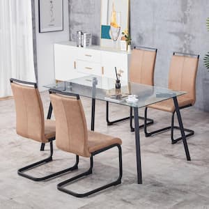 Taupe Modern Dining Chairs Leathaire Fabric High Back Upholstered Side Chair with C-shaped Tube Black Metal Legs