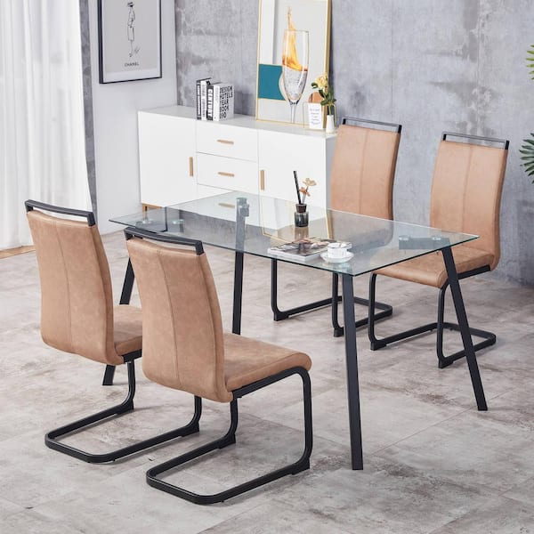 Unbranded Taupe Modern Dining Chairs Leathaire Fabric High Back Upholstered Side Chair with C-shaped Tube Black Metal Legs