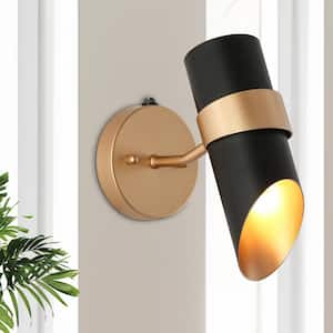 Modern 10 in. Black Dusk to Dawn Outdoor Hardwired Wall Lantern Sconce with Gold Accent and No Bulbs Included