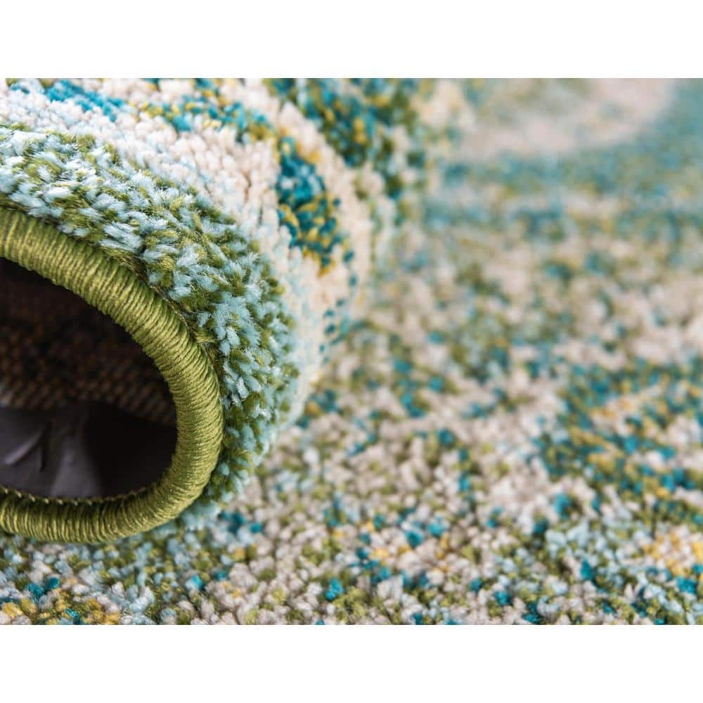 Green and Beige Synthetic Runner Rug with Traditional Design