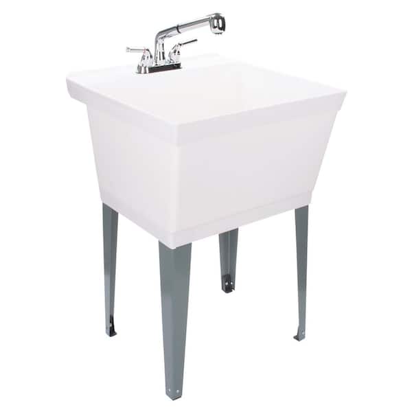 TEHILA 22.875 in. x 23.5 in. White 19 Gal. Utility Sink Set with Non-Metallic Chrome Finish Pull-Out Faucet