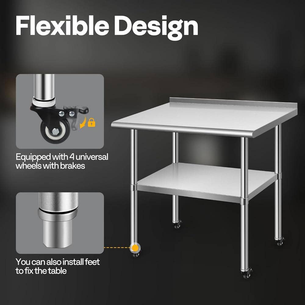 48'' Stainless Steel Work Table with Backsplash and Casters