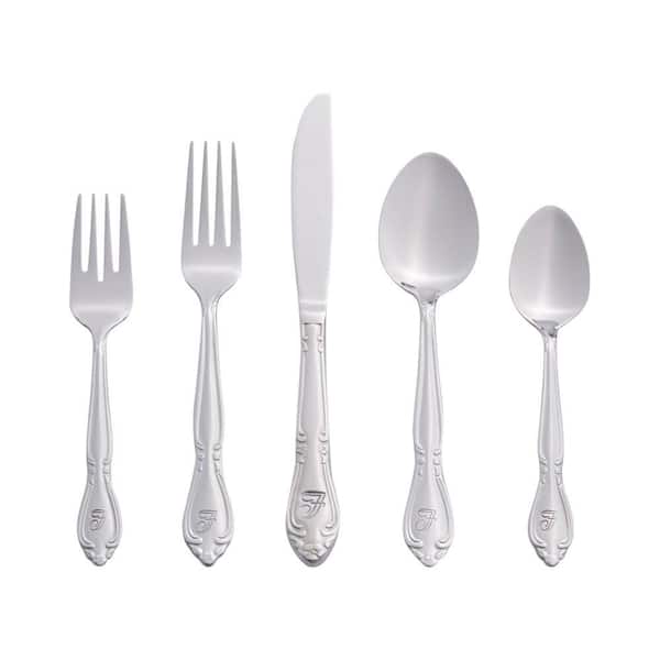 Rose Monogrammed Letter F 46-Piece Silver Stainless Steel Flatware Set (Service for 8)
