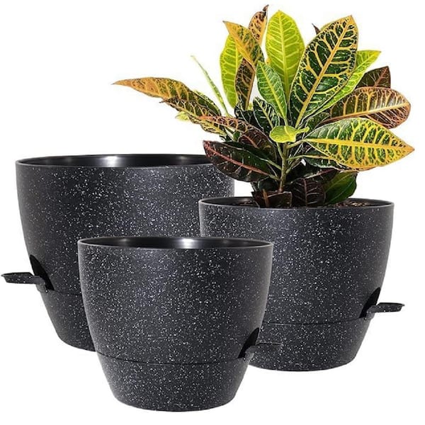 ITOPFOX Garden 10 in. L x 10 in. W x 7.3 in. H Black Speckles Plastic Round Indoor Planter (3-Pack)