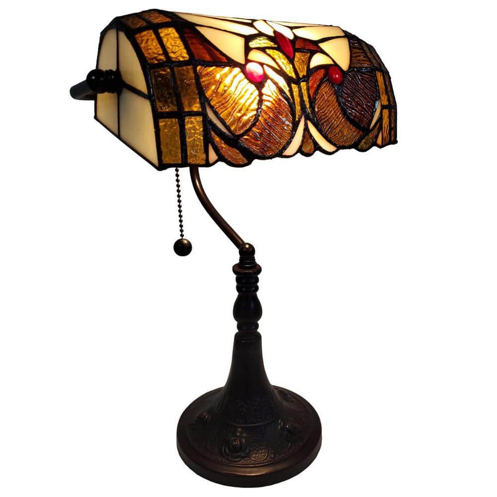 Dark Amber Stained Glass Adjustable Banker Table Lamp