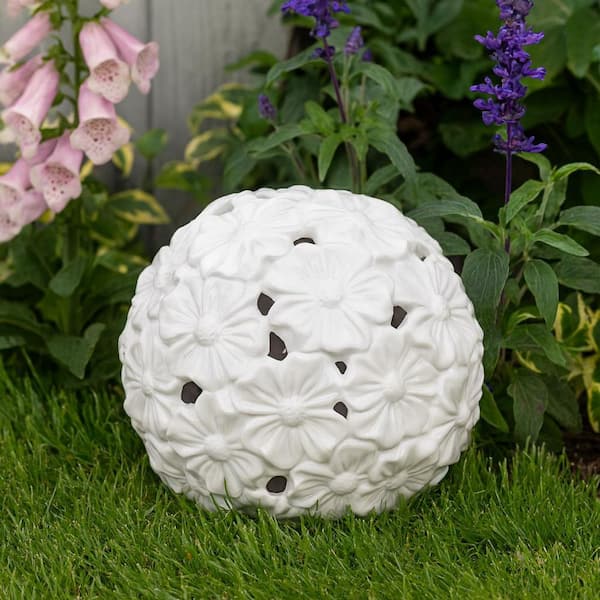 Liv & Skye 12 in. x 11 in. White Stoneware Flower Cut-Out Orb