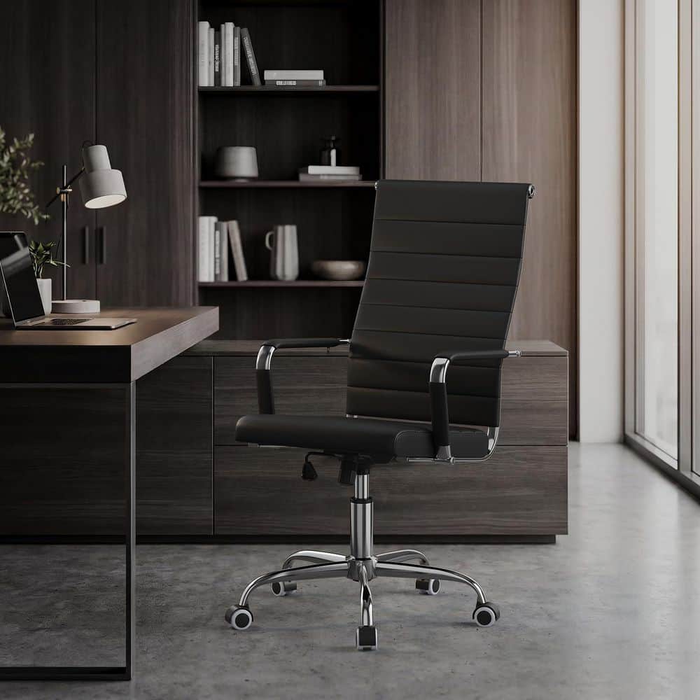 High Back Faux Leather Ribbed Adjustable Height Swivel and Tilt Executive Chair in Black with Padded Arms