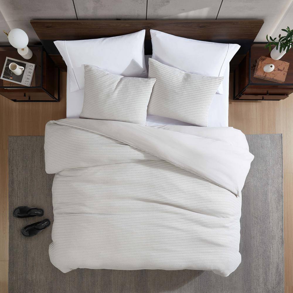 Grey Waffle Textured Queen Duvet Cover Set with Shams